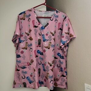 Pink Western Themed Scrub Top